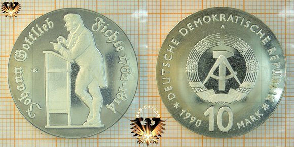 10 Mark, DDR, 1990, Gedenkmünze zum 175. Todestag des Dichters Johann Gottlieb Fichte, 1762-1814 - Silbermünze