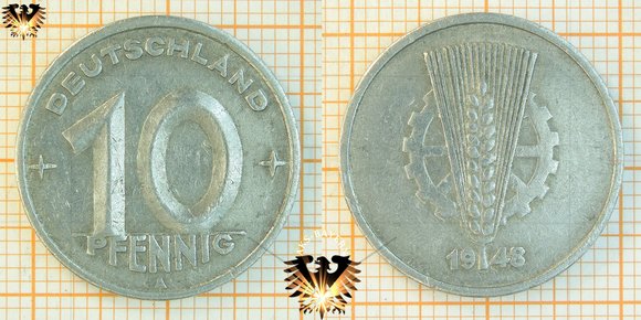 10 Pfennig, DDR, 1948, nominal, 1948-1950, + DEUTSCHLAND +, stark erhaben © AuKauf.de
