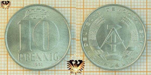 10 Pfennig coin, East Germany - DDR, 1971, oak leafe broad lettering