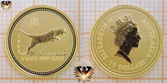 15 Australian Dollars (australische Dollar), 1990, Australia, Jahr des Tigers - 1/10 Unze/oz. Gold, Bullionmünze