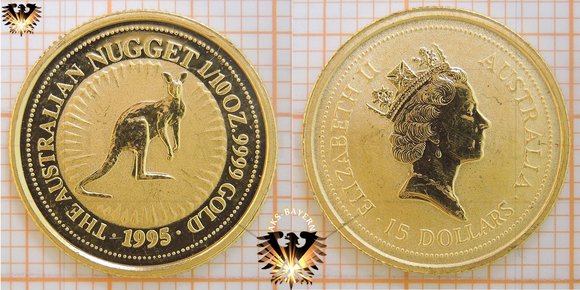 15 Australian Dollars (australische Dollar), 1995, The Australien Nugget - Kangaroo 1/10 Unze / oz, Goldmünze, Anlagemünze