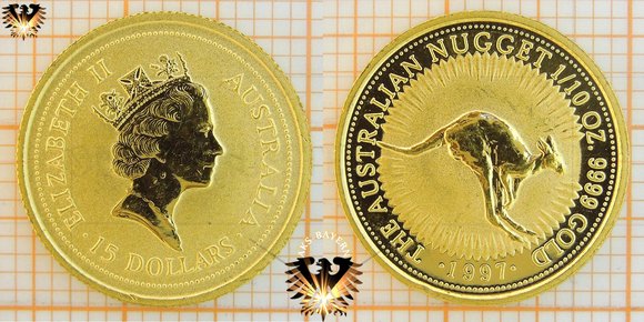 15 Australian Dollars (australische Dollar), 1997, Australian Nugget, Kangaroo 1/10 Unze/oz. Feingold, Goldmünze
