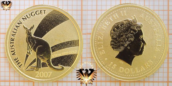 15 Australian Dollars (australische Dollar), 2007, Australian Nugget, Kangaroo - 1/10 Unze Feingold Münze, Anlagemünze Gold