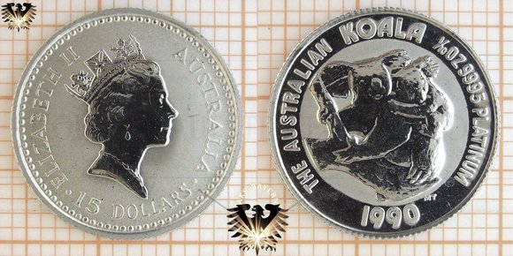 15 AUD, 15 Dollars, 1990, Australien, Koala, 1/10 oz. Platin © aukauf.de 