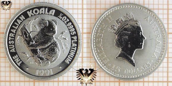 15 Australian Dollars (australische Dollar), Australia 1991, Koalabär, 1/10 Zehntel Unze, Platinmünze