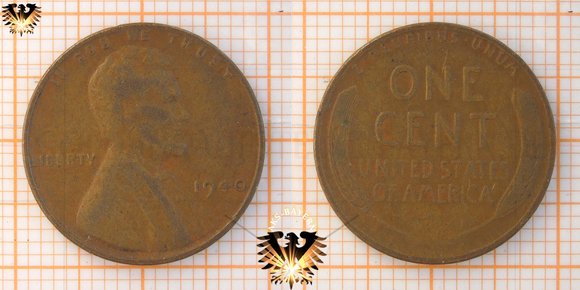1 Cent, Penny, USA, 1940 Abraham Lincoln, 1909-1958, Umlaufmünze, Wheat Ears