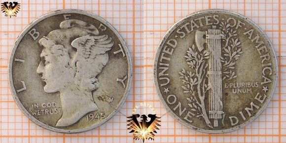 10 Cent, 1 Dime, USA, 1945, Mercury Dime, 1916-1945 © aukauf.de 