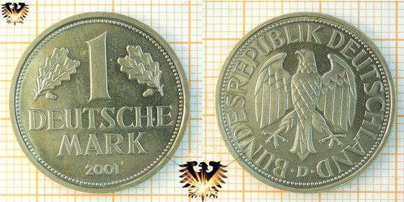 1 DM, Deutsche Mark, nominal, Bundesrepublik Deutschland. 1950 bis 2001. Vorlage für die letzte Deutsche Mark in Gold.