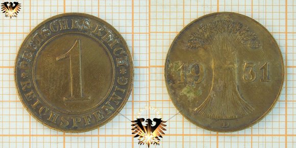 1 Reichspfennig 1931, Deutsches Reich Münze, Weizenbündel © AuKauf.de