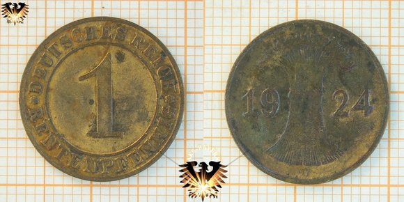 1 Rentenpfennig 1924 Deutsches Reich. Waimarer Republik, Weizenbündel. Geprägt von 1923 bis 1929