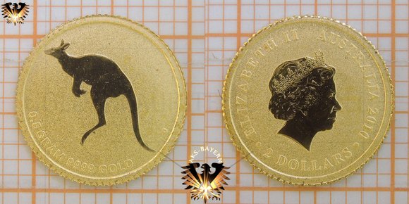 2 AUD, 2 Australian Dollars (australische Dollar), 2010, Australian Kangaroo, 0,5 Gramm Goldmünze