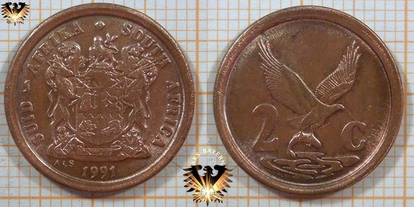 2 ¢, 2 Cents, von 1991 aus Südafrika, Fischadler