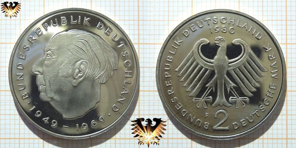 2 Deutsche Mark 1980, Theodor Heuss. EINIGKEIT UND RECHT UND FREIHEIT. 20. jähriges Jubiläum des Grundgesetzes der Bundesrepublik Deutschland Münze.
