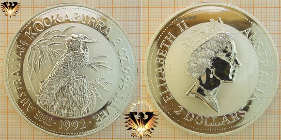 2 Dollars, 2 Australian Dollars (australische Dollar),1992, Australian Kookaburra, Australien, 2 oz Silver / 2 Unzen Silber,  Anlage Silbermünze, Silber Bullionmünze, Anlagemünze