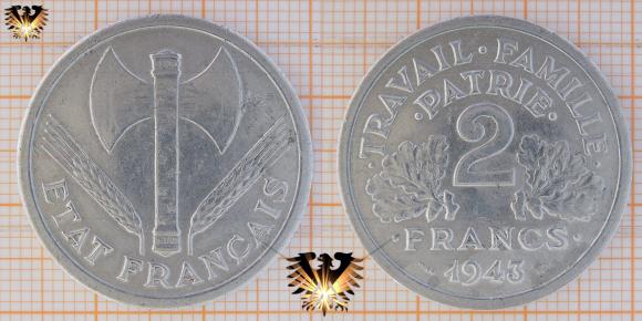 2 ₣, 2 Francs Frankreich / France, 1943, Umlaufmünze, Regierung in Vichy - Etat Français