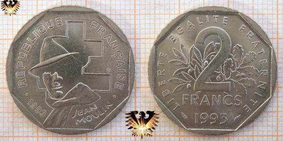 2 Francs, 1993, Frankreich, Gedenkmünze, Jean Moulin, 5. Republique Francaise © aukauf.de 