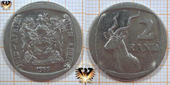 2 Rand, Suid Afrika, 1989, Süd Afrika, Kudu, 4-eckig © aukauf.de 