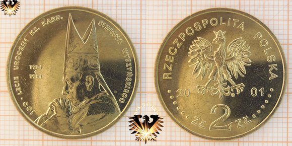 2 Złote / Zloty Sondergedenkmünze aus Polen, 2001, zum 100. Jahrestag der Geburt von Fr. Kardinal Stefan Wyszynski