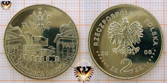2 Złote / Zloty Gedenkmünze Polen, 2008, zum 40. Jahrestag der Märzunruhen 1968 in Polen
