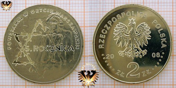 2 Złote / Zloty Umlaufgedenkmünze aus Polen, 2008, zum Gedenken an den 65. Jahrestag des Aufstands 1944 in Warschau gegen die deutsche Besatzungsmacht 