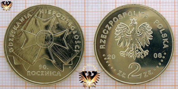 2 Złote / Zloty Umlaufgedenkmünze aus Polen, 2008, 90. Jubiläum / Jahrestag der Unabhängigkeit, Orden der Wiedergeburt Polens