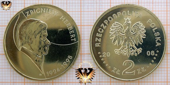 2 Złote / Zloty Umlaufgedenkmünze aus Polen, 2008, zu Ehren von Zbigniew Herbert