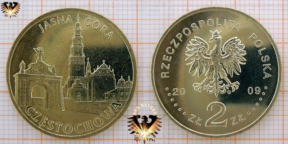 2 Złote / Zloty Umlaufgedenkmünze aus Polen 2009, Jasna Góra, Częstochowa, Heller Berg, Klarenberg, Tschenstochau, Kloster