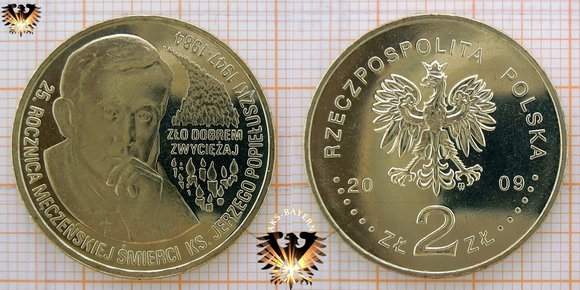 2 Złote / Zloty polnische Gedenkmünze 2009, zum 25. Jahrestag des Martyriums George Popieluszki 1947-1984