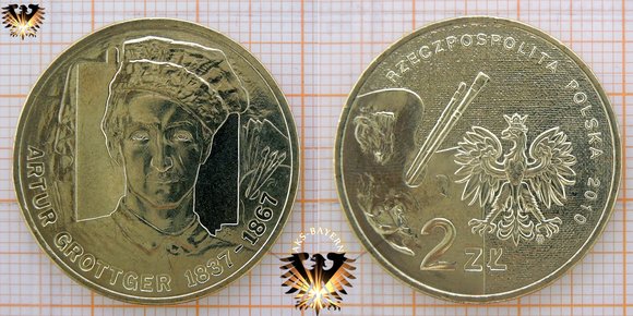 2 Złote / Zloty Gedenkmünze in Nordic Gold aus Polen, 2010, Artur Grottger 1837 - 1867