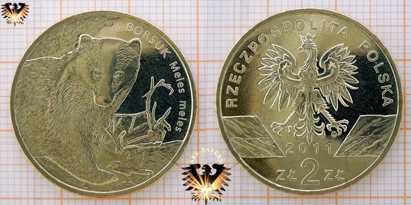 Der Europäischer Dachs / Borsuk / Meles meles, 2 Złote / Zloty Umlaufgedenkmünze aus Polen, 2011