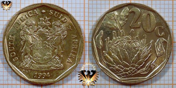 20 Cents, Suid Afrika, 1994, 9 eckig, Königsprotea © aukauf.de 