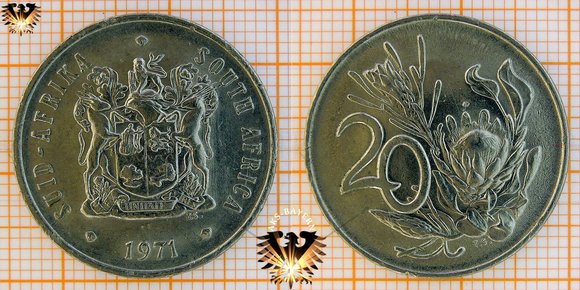 20 ¢, 20 Cents, 1971, South Africa - Protea Blume