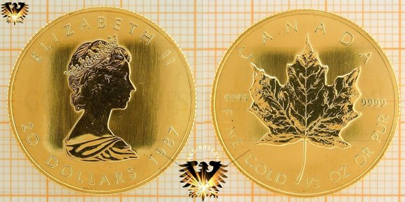 Maple Leaf, halbe Unze 15,55 Gramm Goldmünze von 1987 zu 20 Kanada Dollar