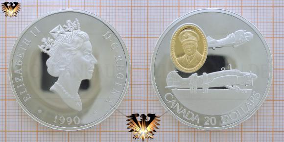 General Leckie: Die Erfinder der motoriersten Flugzeuge der Kanadischen Luftfahrt. Silbermünze mit vergoldetem Inlay, 1990, 20 Dollar Kanada.