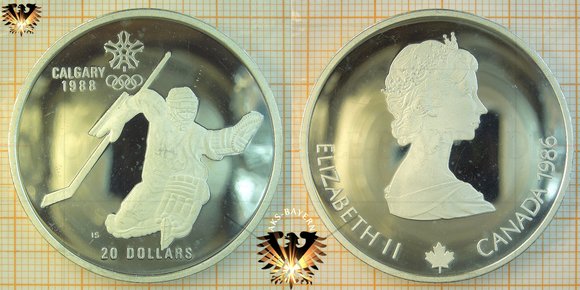 20 Dollars, Canada, 1985, Elizabeth II, XV Olympic Wintergames Calgary 1988, Ice Hockey, 1 ounce/oz. Silver © aukauf.de 