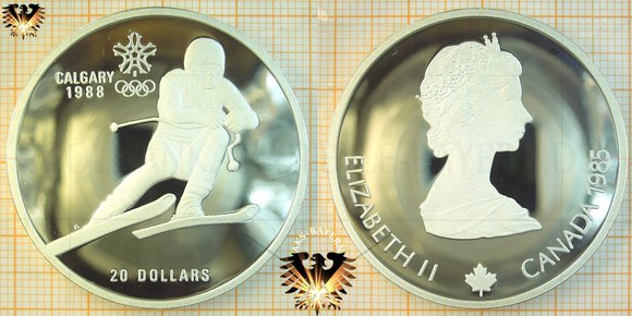 20 Dollars, Canada, 1985, Elizabeth II, XV Olympic Wintergames Calgary 1988, Downhill, 1 ounce/oz. Silver © aukauf.de 
