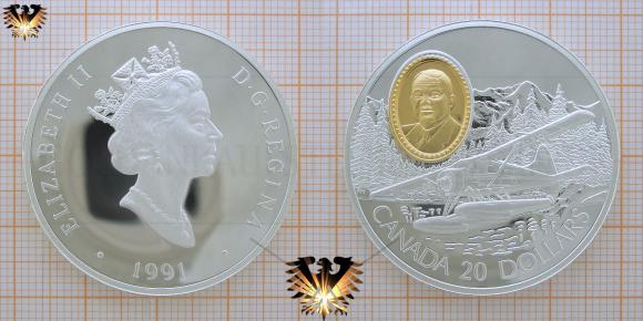 Flugzeugmünze,  Beaver, 20 Dollars, Canada, 1991, Silber, Gold-Inlay   © aukauf.de 