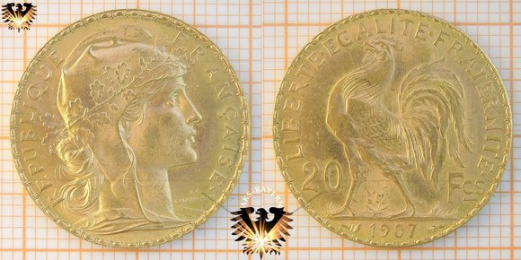 20 Francs, 1907, Goldmünze, Frankreich, Marianne 1899-1914, Hahn © aukauf.de 