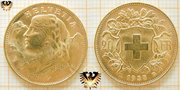 Schweizer Goldvreneli, beliebte Sammlermünze, Wert 20 FR geprägt 1897 bis 1949
