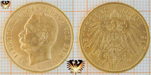 Deutsches Reich, 20 Goldmark, 20 RM Doppelkrone: Großherzog Friedrich II, Großherzogtum zu Baden. Geprägt von 1911 bis 1914.
