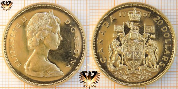 20 Dollars, 1967, Canada, Elizabeth II D.G. Regina, Centennial independenc of Canada, Gold © aukauf.de 