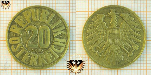 20 Groschen, 1950, nominal, Österreich, 1950 bis 1954 © aukauf.de 