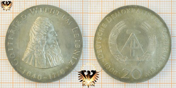 20 Mark, DDR (MDN), 1966,zum 250. Todestag von Gottfried Wilhelm Leibniz, 1646-1716, Sibermünze