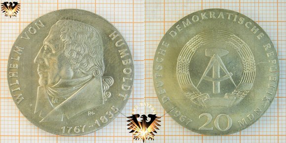 20 Mark, DDR, 1967, Wilhelm von Humboldt, 1767-1835 © AuKauf.de