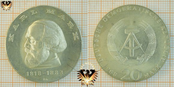 20 Mark, DDR, 1968, Karl Marx, 1818-1883 © AuKauf.de