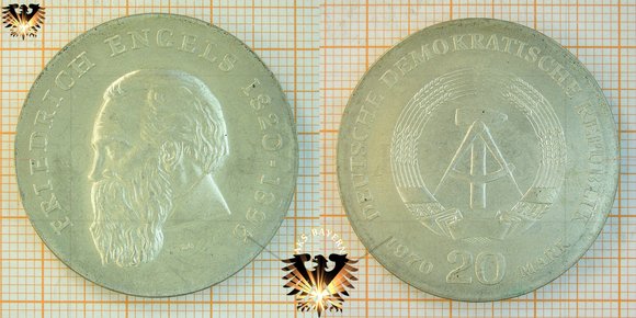 20 Mark, DDR, 1970, Gedenkmünze zum 150. Geburtsjubiläum von Friedrich Engels, 1820-1895, Silbermünze