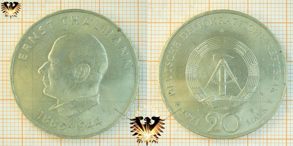20 Mark, DDR, 1971, Gedenkmünze zum 85. Geburtstag von Ernst Thälmann, 1886-1944, Kupfer-Nickel