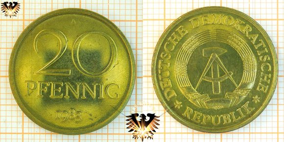 20 Pfennig Münze, DDR, 1983 aus dem Prägezeitraum 1969-1990, goldfarben