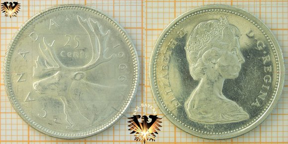 25 Cents, Quarter, 1/4 Dollar, Canada, 1966, Elizabeth II, Caribou, Rentier, 1965-1966, 1968, Umlaufmünze, Silbermünze
