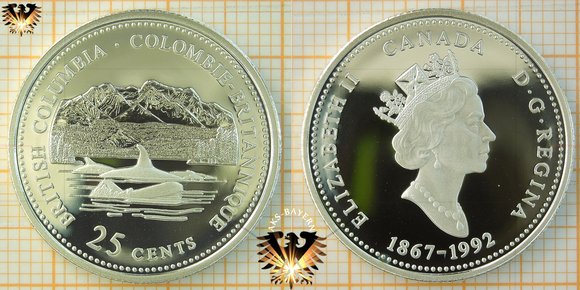 25 Cents, Quarter Dollar, 1/4 Dollar, Canada, 1992, British Columbia Quarter, Gedenkmünze 125 Jahre Kanadische Konföderation, 1867-1992, Silbermünze